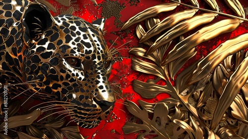 ontemporary 3D artwork featuring a leopard skin pattern  set in an Art Deco style with abundant gold accents against a rich red backdrop