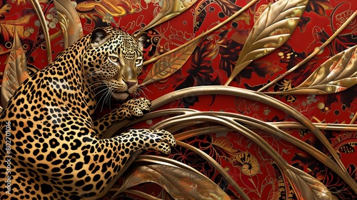 ontemporary 3D artwork featuring a leopard skin pattern, set in an Art Deco style with abundant gold accents against a rich red backdrop photo