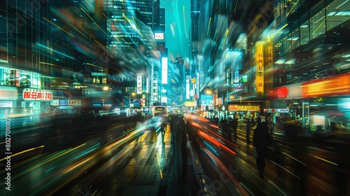 A motion blur photo depicting a utopian futuristic city where humanity is enhanced by artificial intelligence and technology  leading to advancements in sustainability and overall advancement