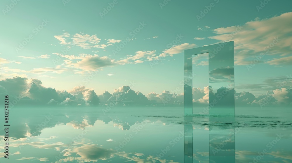 A tranquil door frame set against a backdrop of clouds and a reflective lake, in a sage green setting that evokes a sense of balance
