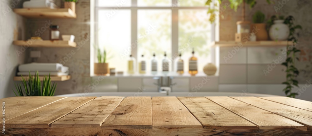 Wooden table against a blurred background of a bathroom window and shelves. Wooden table against a blurred background of a bathroom window and shelves.