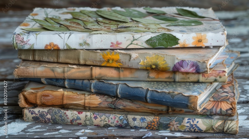 A stack of linenbound journals each with unique covers showcasing pressed flowers and leaves found in alpine meadows..