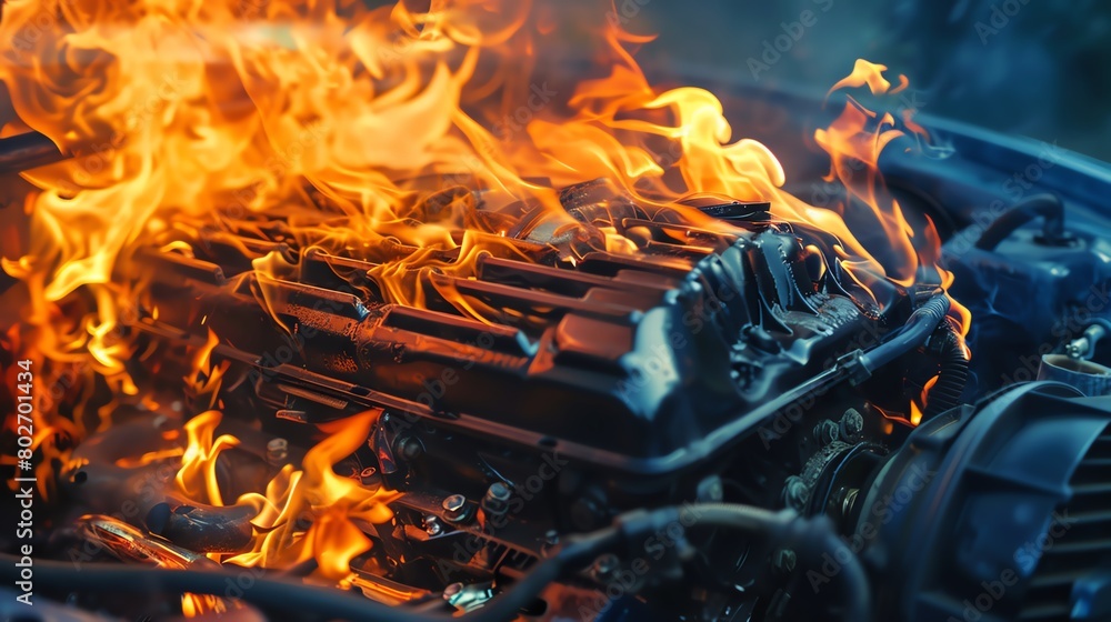The engine of the car caught fire. The engine of the car caught fire.