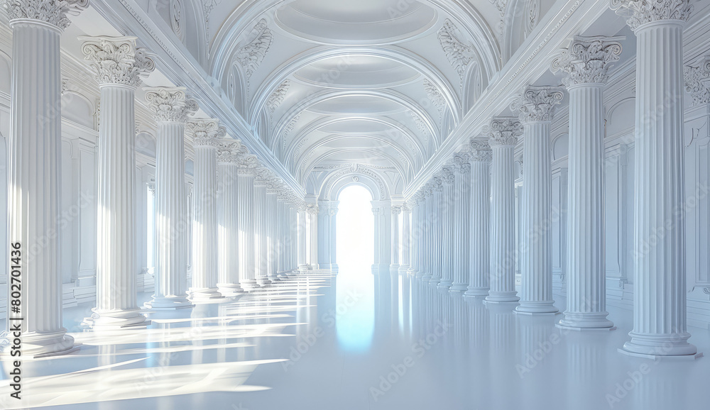 A white marble hall with pillars on both sides, adorned with gold accents. Created with Ai