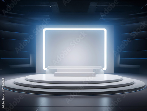 Contemporary tech event stage featuring a sleek white podium with screen mockup