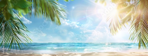 tropical beach with palm leaves and sand on sea waves background.