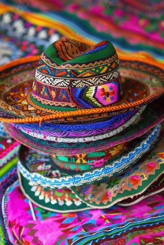 Colorful traditional mexican hats at a market in Mexico. © Obsidian