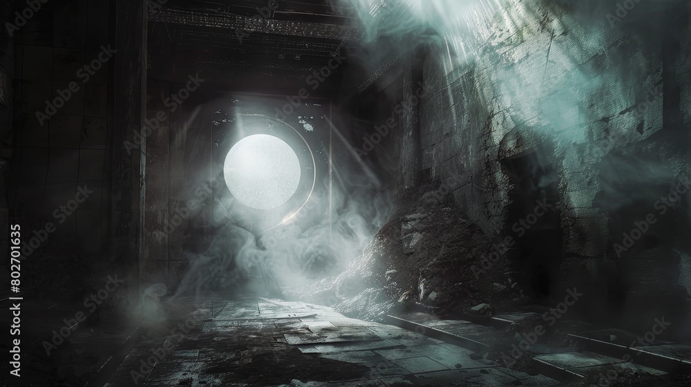 Chilling depiction of a basement with a door cracked open, light spilling out to reveal a hellish ring gate, the room filled with smoke and draped in dark mist Chilling depiction of a basement with a door cracked open, light spilling out to reveal a hellish ring gate, the room filled with smoke and draped in dark mist