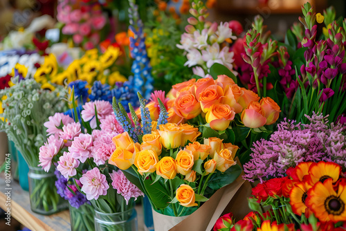 A vibrant bouquet of fresh flowers in a florist shop showcasing their beauty and variety of colors  making them a perfect gift.