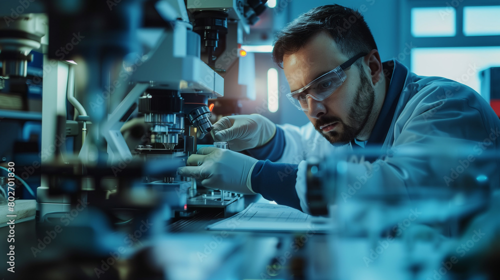 Engineer Adjusting Robotics Components in High-Tech Lab, Showcasing Precision and Advanced Technology Engineer Adjusting Robotics Components in High-Tech Lab, Showcasing Precision and Advanced Technology