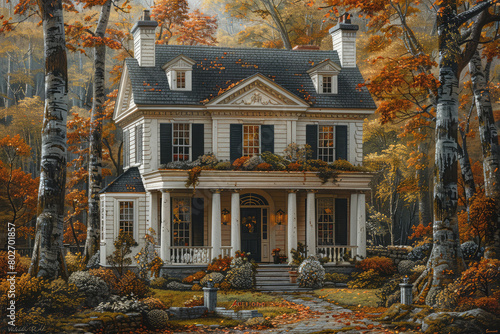A white colonialstyle house nestled in the heart of an autumn forest, surrounded by towering trees with vibrant fall colors. Created with Ai photo