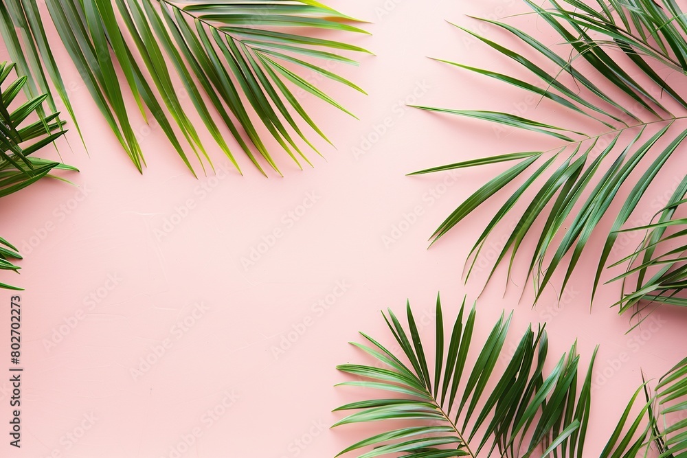 Tropical green palm leaves on pink background with copy space.