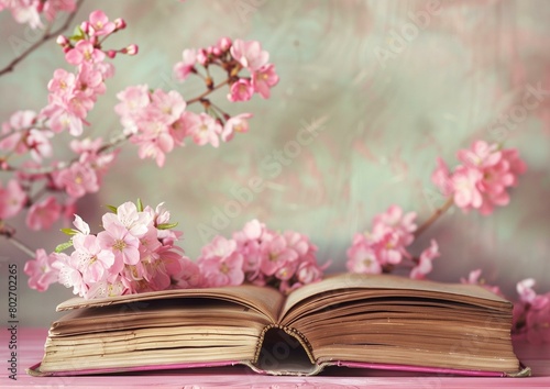 Serene Springtime Blossoms with Open Antique Book on Pink Background © Qstock