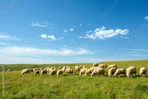 Rural farm landscape with a flock of sheep grazing under a clear blue sky photo