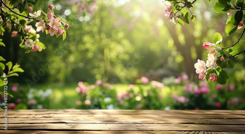 Spring background with wooden table and flowers in green garden.