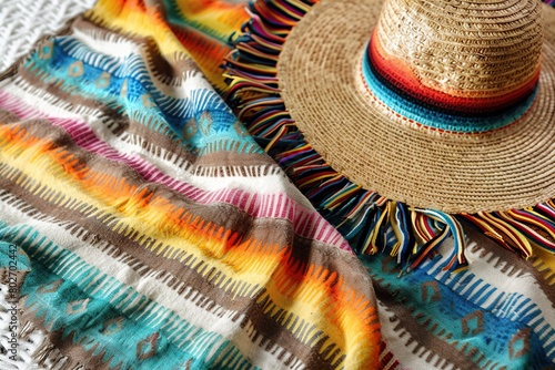 Mexican sombrero and colorful poncho on white background