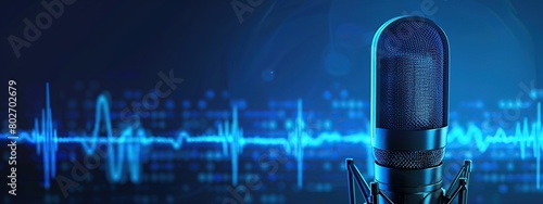 microphone with sound waves, podcasting theme and audio recording on blue digital background.	 photo