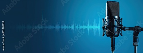 microphone with sound waves, podcasting theme and audio recording on blue digital background.