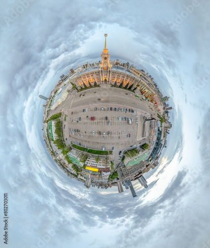 Yekaterinburg City Administration or City Hall and Central square at summer evening. Evening city in the summer sunset, Aerial View. Little planet sphere mode.