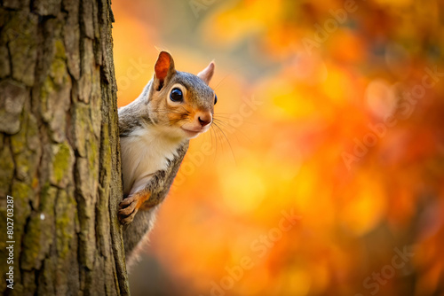 Minimalist Image of a Squirrel with Fluffy Tail Peeking Out from Behind a Tree photo