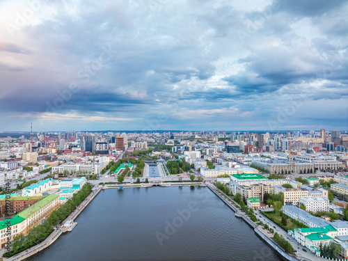 Embankment of the central pond and Plotinka. The historic center of the city of Yekaterinburg, Russia, Aerial View