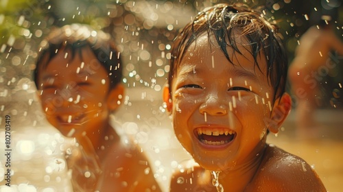 Two young boys are playing in the water, laughing and smiling