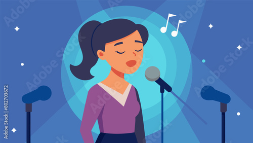 A choir member standing alone in front of a microphone eyes closed in concentration as they deliver an emotional and inspiring speech set to music.. Vector illustration
