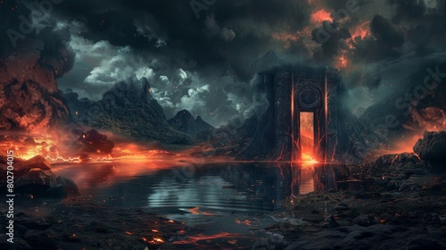 Chilling view of hell's door against a dark landscape, a devil's presence near a reflective lake, with flames and oppressive darkness around