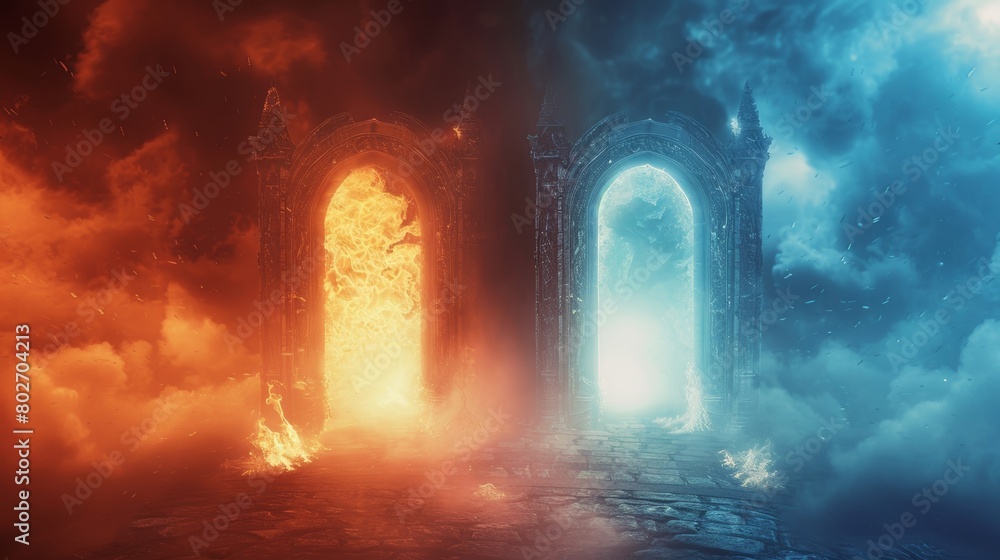 Obraz premium Conceptual scene with heaven and hell doors side by side, hell featuring intense flames and tormented souls, heaven calm and bright in misty surroundings