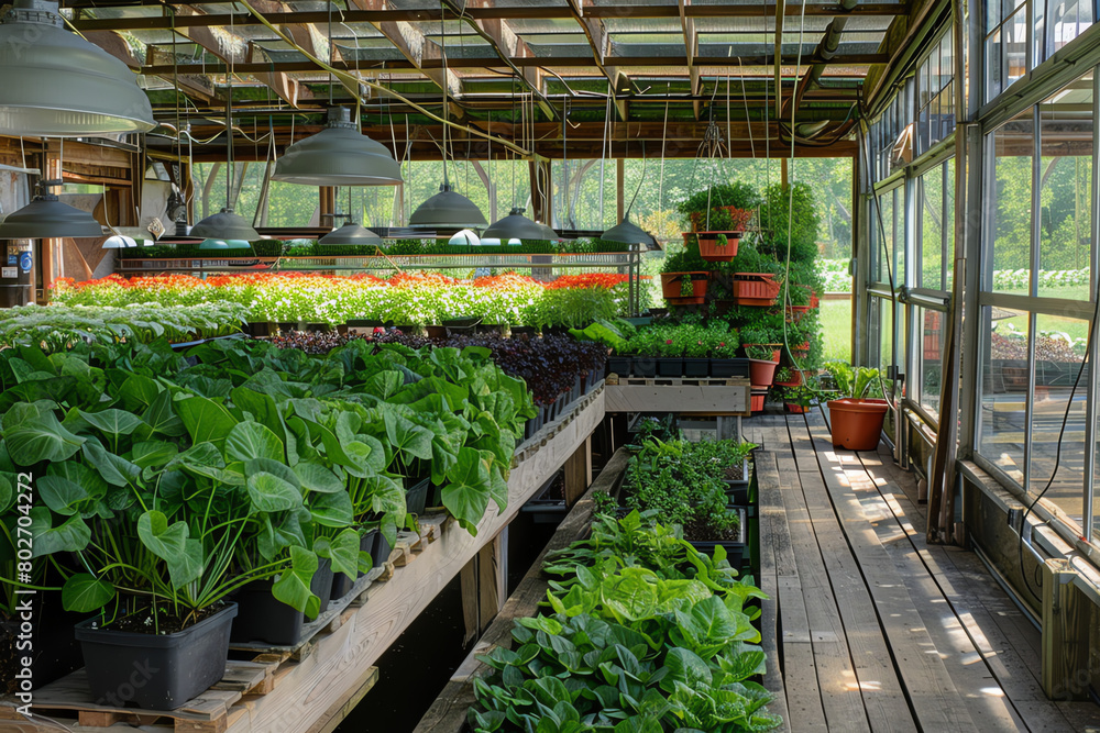 Greenhouse filled with vibrant plants during daylight in a cultivation space Greenhouse filled with vibrant plants during daylight in a cultivation space
