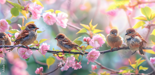 A group of cute little birds perched on the branch, pink flowers in background