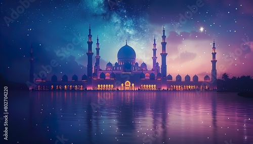 A magical night sky filled with twinkling stars, framing a magnificent mosque silhouette