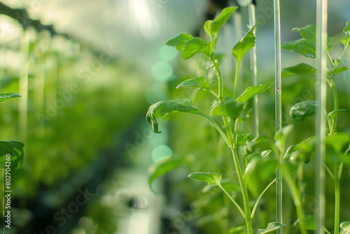 Green plants growing in a greenhouse under bright sunlight in early summer