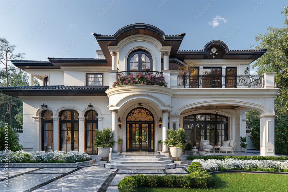 A large twostory villa with Europeanstyle exterior walls, white and black color scheme, stone material details on the front of each floor window frames. Created with Ai