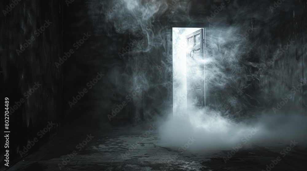 Creepy basement atmosphere, a door slightly open emitting light, revealing a ring gate and heavy smoke, all under a veil of darkness and mist Creepy basement atmosphere, a door slightly open emitting light, revealing a ring gate and heavy smoke, all under a veil of darkness and mist