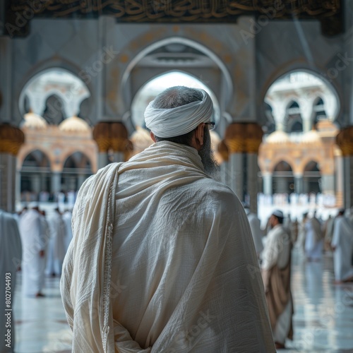 Islamic men wearing ihram perform the Hajj and Umrah in Mecca, Medina, seen from behind with the Kaaba and mosque buildings in the background. Concept of religion, spirituality, culture, praying.