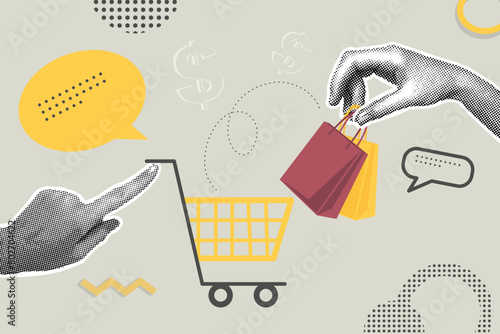Trendy halftone collage of business concept in retro style. Shopping cart and hands with shopping.Vector illustration of sales, increase sales,financial profit, global strategy. 
