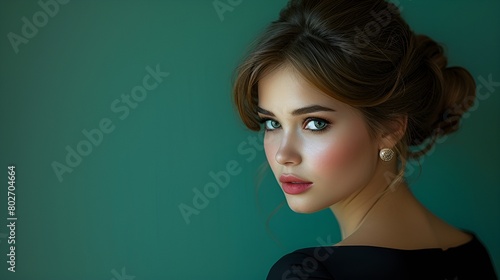 Attractive female model - green background = high-end fashion - model looking back in a seductive manner - 
