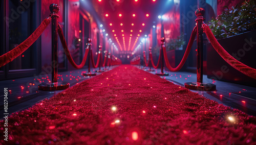  Red carpet with ropes and lights at the entrance to the event, glamorous background for a red trap illustration. Created with Ai photo
