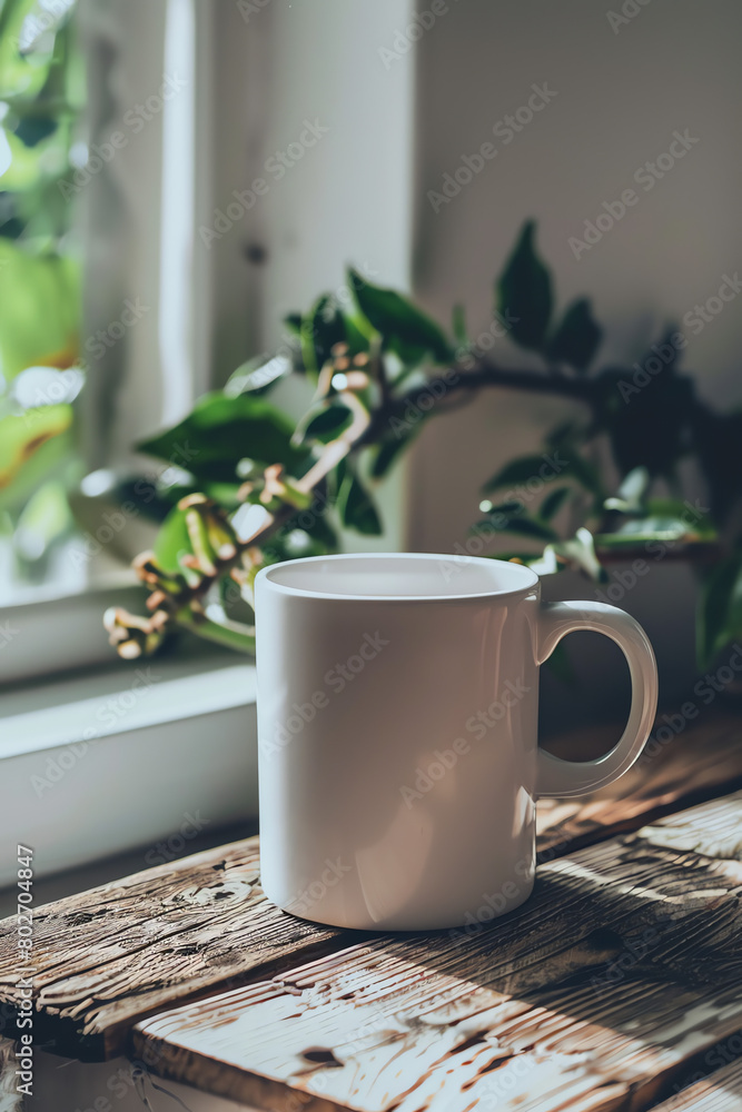 A white coffee mug sits on a rustic wooden table by a window adorned with greenery during bright daylight A white coffee mug sits on a rustic wooden table by a window adorned with greenery during bright daylight