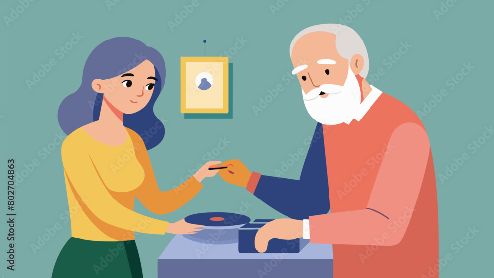 Obraz premium An older man carefully guiding a younger womans hands as they place the needle onto the record players arm. Vector illustration