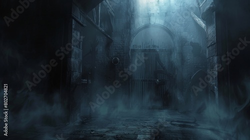 Creepy storage room shrouded in mist, with a ring gate and dim light filtering through the door, surrounded by darkness and hellish details © Paul