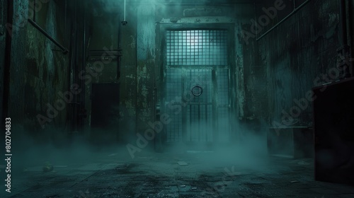 Creepy storage room shrouded in mist, with a ring gate and dim light filtering through the door, surrounded by darkness and hellish details