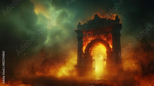 Dark and eerie hell gate with souls in despair, fiery background, versus a serene heavenly gate, illuminated and peaceful in the shroud of mist