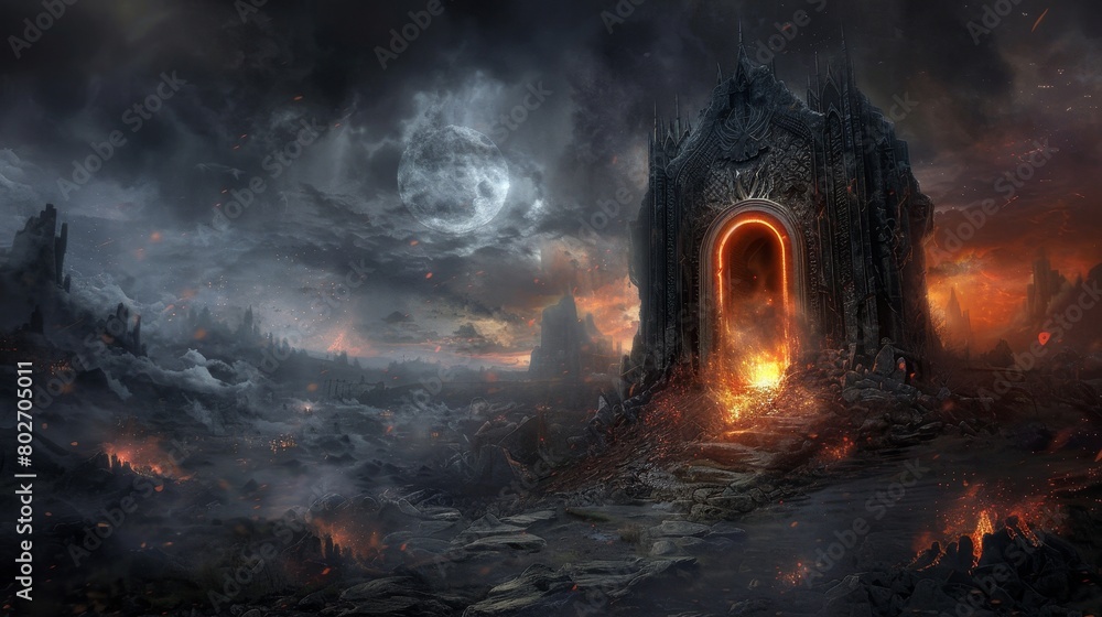 Dark and foreboding landscape, featuring a door ajar emitting light, with a backdrop of dungeons, smoke, and a fiery ring gate, set in a night field Dark and foreboding landscape, featuring a door ajar emitting light, with a backdrop of dungeons, smoke, and a fiery ring gate, set in a night field