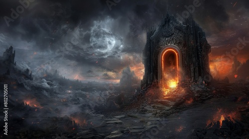 Dark and foreboding landscape, featuring a door ajar emitting light, with a backdrop of dungeons, smoke, and a fiery ring gate, set in a night field photo