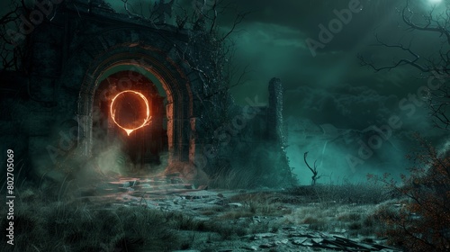 Dark and foreboding landscape, featuring a door ajar emitting light, with a backdrop of dungeons, smoke, and a fiery ring gate, set in a night field