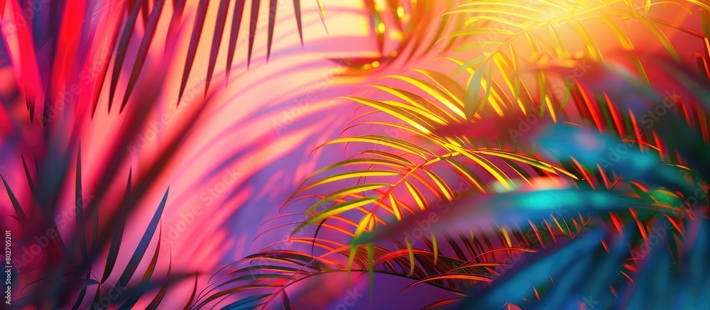 Concept art featuring vibrant holographic neon colors on tropical and palm leaves, creating a minimal surreal summer background. Concept art featuring vibrant holographic neon colors on tropical and palm leaves, creating a minimal surreal summer background.
