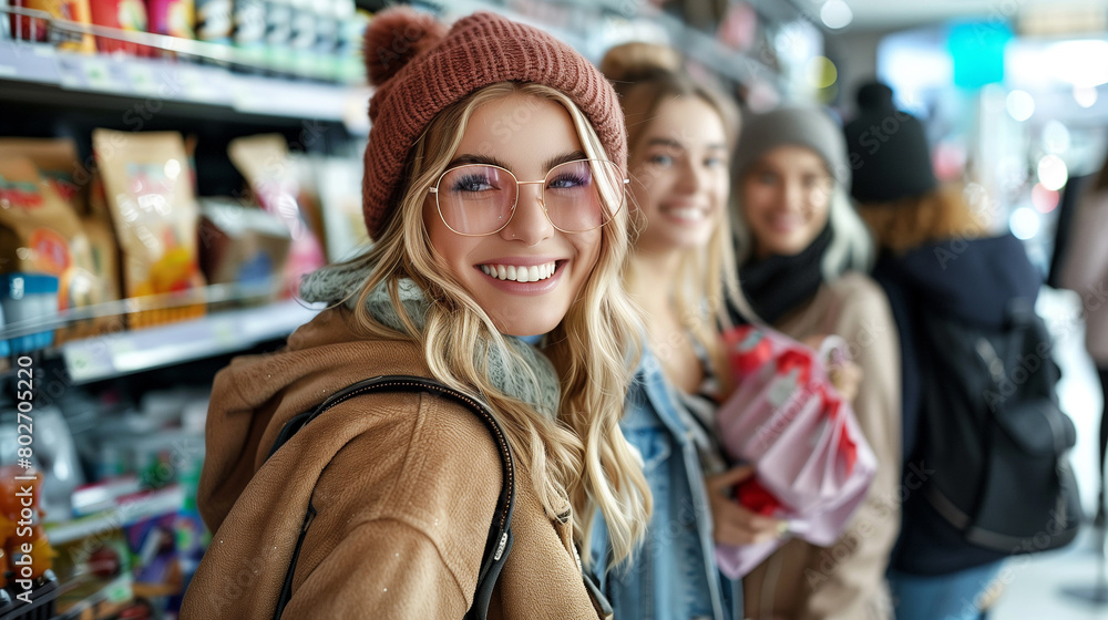 Group of happy friends shopping in store. Group of happy friends shopping in store.