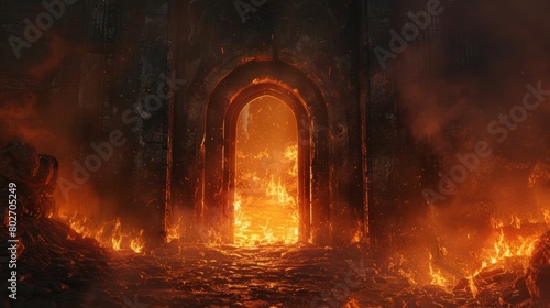 Dark and ominous archery portal door, leading into a hellish landscape engulfed in flames and smoky darkness, creating a scary atmosphere